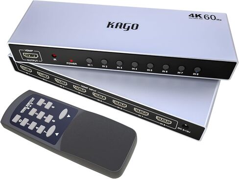 KAGO HDMI Switch 8 في 1 خارج 4K @ 60 هرتز، 8 منافذ HDMI مقسم مع جهاز تحكم عن بعد، محور صندوق تبديل HDMI محدد HDR HDCP 3D، جودة الألومنيوم الممتازة، متوافق مع PS5/4 Xbox Roku Fire Stick Apple TV in Kuwait