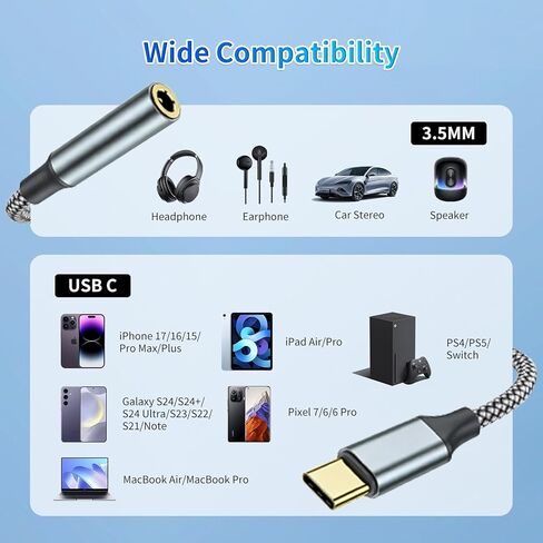 محول USB C إلى 3.5 مم Aux إلى USB C (عبوة من قطعتين)، محول USB C إلى Aux نوع C Hi-Fi USB C إلى محول مقبس سماعة الرأس لهاتف Iphone 17 Pro Max/17 Pro، 16/15 Pro Max، 16/15 Pro، Galaxy S24/S23/S22 Ultra، Ipad Pro in Kuwait
