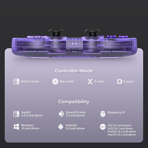 وحدة تحكم بلوتوث لاسلكية AKNES 8Bitdo SN30 Pro، عصا تحكم بتأثير Hall، مع كابل USB-C للاهتزاز المتوافق مع Switch/Switch 2، Windows، Mac OS، Android، Steam - أرجواني كريستالي in Kuwait