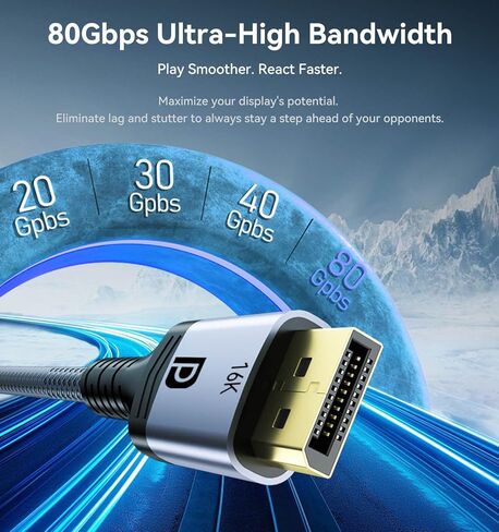 6FT Displayport to Displayport 2.1 Cable, 80Gbps Display Port to Display Port Cable, 16K@60Hz/8K@120Hz/4K@240Hz/2K@360Hz DP to DP 2.1 Cord for DP80, HDR, DSC, FreeSync Gaming Monitor, 5090, 7900XTX in Saudi Arabia