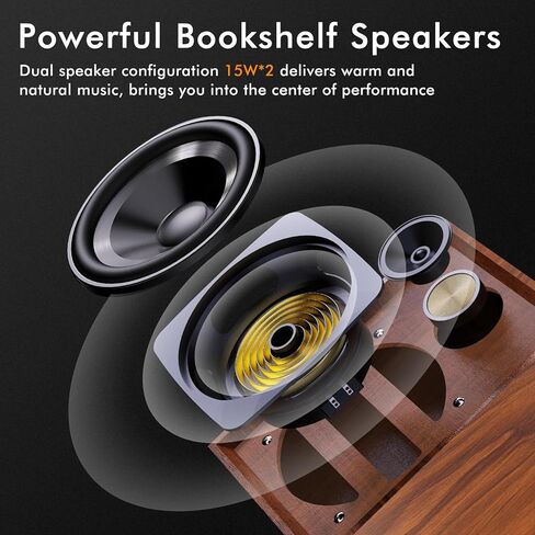 Vintage Vinyl Record Player with External Bookshelf Speakers, 3-Speed Belt Drive Turntable with Auto Stop, Bluetooth Input, RCA Out, AUX in – Brown Wood in Saudi Arabia
