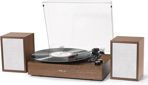 Vintage Vinyl Record Player with External Bookshelf Speakers, 3-Speed Belt Drive Turntable with Auto Stop, Bluetooth Input, RCA Out, AUX in – Brown Wood in Saudi Arabia