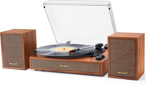 Vintage Vinyl Record Player with External Bookshelf Speakers, 3-Speed Belt Drive Turntable with Auto Stop, Bluetooth Input, RCA Out, AUX in – Brown Wood in Saudi Arabia