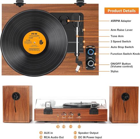 Vintage Vinyl Record Player with External Bookshelf Speakers, 3-Speed Belt Drive Turntable with Auto Stop, Bluetooth Input, RCA Out, AUX in – Brown Wood in Saudi Arabia