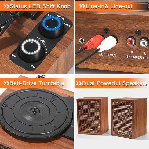 Vintage Vinyl Record Player with External Bookshelf Speakers, 3-Speed Belt Drive Turntable with Auto Stop, Bluetooth Input, RCA Out, AUX in – Brown Wood in Saudi Arabia