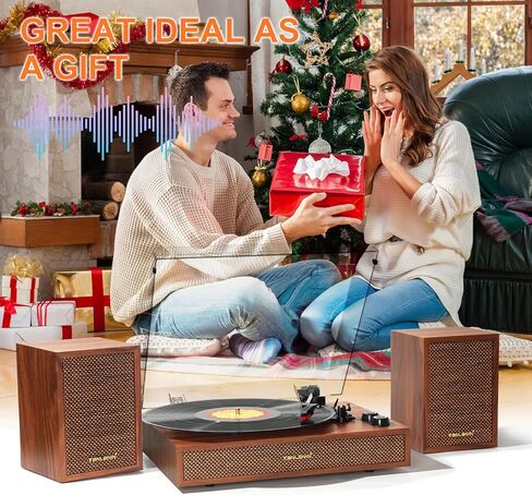 Vintage Vinyl Record Player with External Bookshelf Speakers, 3-Speed Belt Drive Turntable with Auto Stop, Bluetooth Input, RCA Out, AUX in – Brown Wood in Saudi Arabia