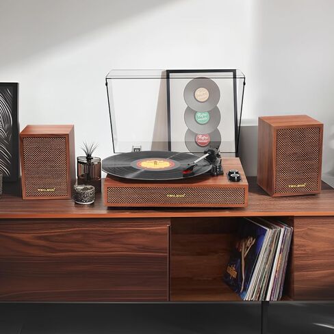Vintage Vinyl Record Player with External Bookshelf Speakers, 3-Speed Belt Drive Turntable with Auto Stop, Bluetooth Input, RCA Out, AUX in – Brown Wood in Saudi Arabia