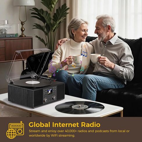 Bluetooth Vinyl Record Player with CD & Internet Radio, 3-Speed Belt-Drive Turntable with USB Recording, AUX/RCA Output, Tone & Remote Control, Vintage Black Vinyl Player for Home Entertainment & Gift in Saudi Arabia