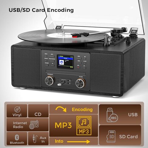 Bluetooth Vinyl Record Player with CD & Internet Radio, 3-Speed Belt-Drive Turntable with USB Recording, AUX/RCA Output, Tone & Remote Control, Vintage Black Vinyl Player for Home Entertainment & Gift in Saudi Arabia