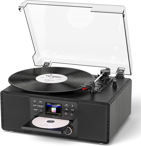 Bluetooth Vinyl Record Player with CD & Internet Radio, 3-Speed Belt-Drive Turntable with USB Recording, AUX/RCA Output, Tone & Remote Control, Vintage Black Vinyl Player for Home Entertainment & Gift in Saudi Arabia