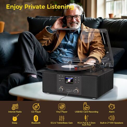 Bluetooth Vinyl Record Player with CD & Internet Radio, 3-Speed Belt-Drive Turntable with USB Recording, AUX/RCA Output, Tone & Remote Control, Vintage Black Vinyl Player for Home Entertainment & Gift in Saudi Arabia