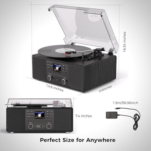 Bluetooth Vinyl Record Player with CD & Internet Radio, 3-Speed Belt-Drive Turntable with USB Recording, AUX/RCA Output, Tone & Remote Control, Vintage Black Vinyl Player for Home Entertainment & Gift in Saudi Arabia