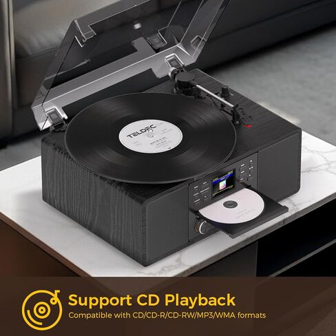 Bluetooth Vinyl Record Player with CD & Internet Radio, 3-Speed Belt-Drive Turntable with USB Recording, AUX/RCA Output, Tone & Remote Control, Vintage Black Vinyl Player for Home Entertainment & Gift in Saudi Arabia