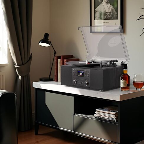Bluetooth Vinyl Record Player with CD & Internet Radio, 3-Speed Belt-Drive Turntable with USB Recording, AUX/RCA Output, Tone & Remote Control, Vintage Black Vinyl Player for Home Entertainment & Gift in Saudi Arabia