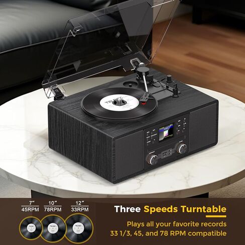 Bluetooth Vinyl Record Player with CD & Internet Radio, 3-Speed Belt-Drive Turntable with USB Recording, AUX/RCA Output, Tone & Remote Control, Vintage Black Vinyl Player for Home Entertainment & Gift in Saudi Arabia