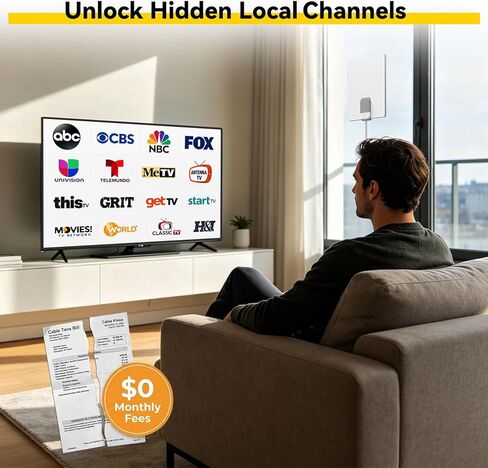هوائي تلفزيون داخلي 2026، هوائي HDTV مضخم مع استقبال 75 ميلاً، كابل 16 قدم، معزز إشارة USB، ATSC 3.0، تلفزيون ذكي 4K 1080p، VHF UHF، رفيع للغاية، قنوات محلية بدون كابل in Kuwait