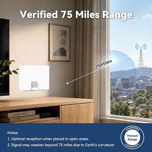 هوائي تلفزيون داخلي 2026، هوائي HDTV مضخم مع استقبال 75 ميلاً، كابل 16 قدم، معزز إشارة USB، ATSC 3.0، تلفزيون ذكي 4K 1080p، VHF UHF، رفيع للغاية، قنوات محلية بدون كابل in Kuwait