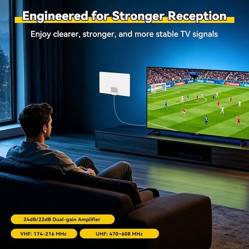هوائي تلفزيون داخلي 2026، هوائي HDTV مضخم مع استقبال 75 ميلاً، كابل 16 قدم، معزز إشارة USB، ATSC 3.0، تلفزيون ذكي 4K 1080p، VHF UHF، رفيع للغاية، قنوات محلية بدون كابل in Kuwait