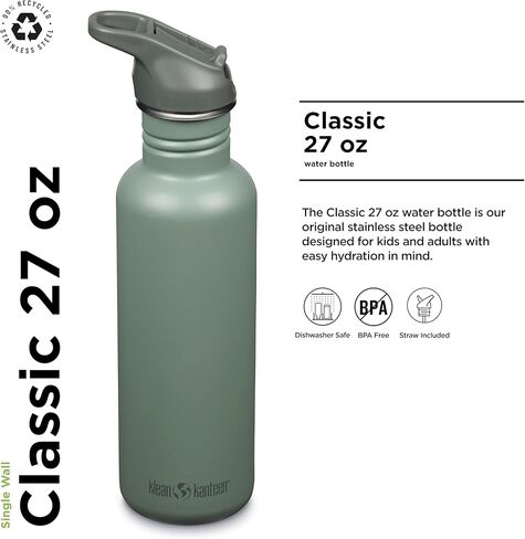 Klean Kanteen 27 oz Classic Water Bottle with Flip Seal Sport Cap & Straw - 100% Leakproof Spout & Cap - Durable, BPA-Free & Stainless Steel Material - Easy-Sip Water Bottle - Sea Spray in Saudi Arabia