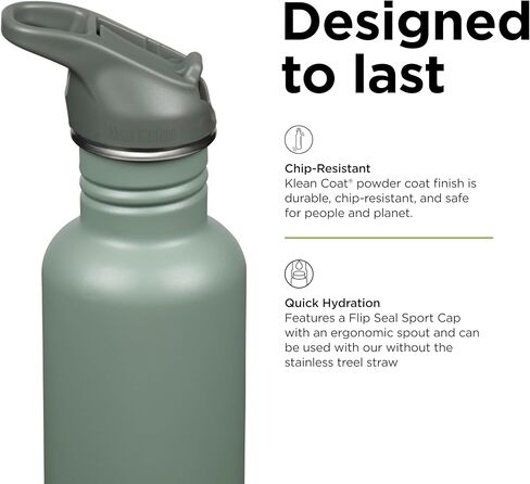 Klean Kanteen 27 oz Classic Water Bottle with Flip Seal Sport Cap & Straw - 100% Leakproof Spout & Cap - Durable, BPA-Free & Stainless Steel Material - Easy-Sip Water Bottle - Sea Spray in Saudi Arabia