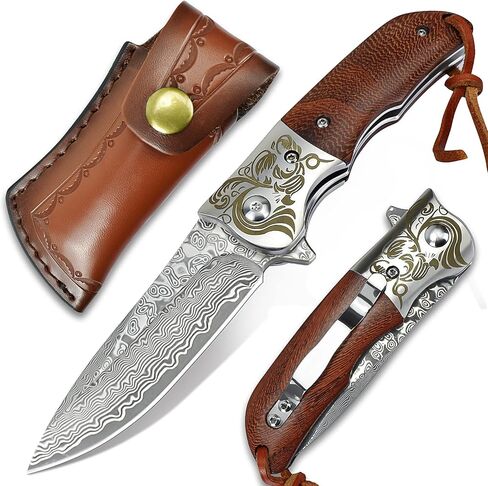 AUBEY Damascus Pocket Knife for Women Men, 3.43" VG10 Damascus Steel Blade Knife with Clip, EDC Folding Knives with Abalone Shell Handle, Gift for Camping Outdoor Hunting Hiking Collection in Kuwait
