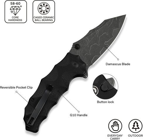 CIVIVI Natterjack Pocket Folding Knife, 3.19" Damascus Blade G10 Handle with Reversible Clip, Thumb Stud & Flipper Opener Knife for Camping Hiking EDC C24028-DS1 in Saudi Arabia