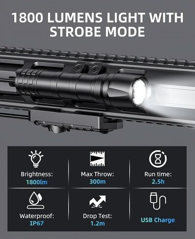 EZshoot 1800 Lumens Rifle Light with Remote Pressure Switch Compatible with M-Rail, IPX7 Waterproof Rechargeable Rifle Flashlight with Strobe Mode for Home Defence, Hunting in Saudi Arabia