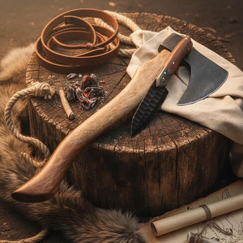 Hand-Forged Viking Axe & Damascus-Style Knife Set | Carbon Steel Norse Axe with Leather Sheath | Valhalla Axe & Knife Gift Set for Men | Camping, Collectors, Viking Gifts in Saudi Arabia