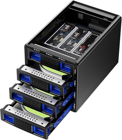حاوية CENMATE Hybrid 4*2.5/3.5 بوصة SATA HDD/SSD+12* M / B+M Key M.2 NVMe مع مروحة تبريد وUSB A/C 3.2 Gen 2، حاوية محرك الأقراص الصلبة تدعم 184 تيرابايت (4*22 تيرابايت HDD+12*8 تيرابايت 2230/2242/2260/2280/22110 SSD) in Kuwait