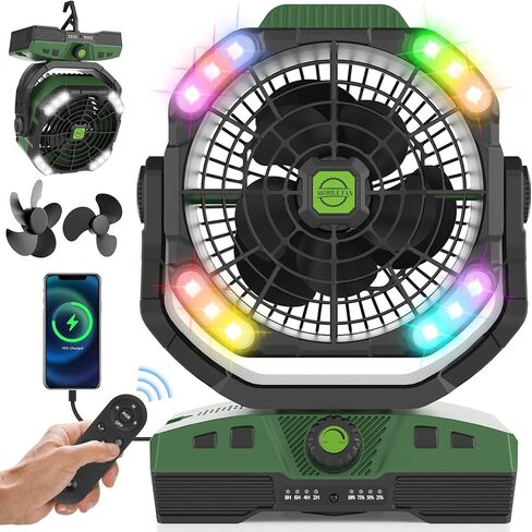 RUNTOP 20000mAh مروحة التخييم، تتأرجح عالية السرعة بطارية قابلة للشحن مروحة تعمل مع ضوء RGB، جهاز التحكم عن بعد، خطاف معلق، مراوح محمولة في الهواء الطلق تعمل بالبطارية مروحة مكتب USB شخصية للخيمة، السفر in Kuwait