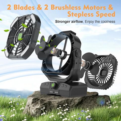 RUNTOP 20000mAh Camping Fan, Oscillating High Speed Rechargeable Battery Operated Fan w/RGB Light,Remote,Hanging Hook, Outdoor Portable Fans Battery Powered Personal USB Desk Fan for Tent, Travel in Kuwait