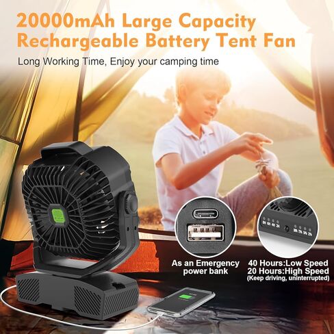 RUNTOP 20000mAh Camping Fan, Oscillating High Speed Rechargeable Battery Operated Fan w/RGB Light,Remote,Hanging Hook, Outdoor Portable Fans Battery Powered Personal USB Desk Fan for Tent, Travel in Kuwait