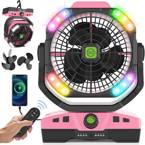 RUNTOP 20000mAh Camping Fan, Oscillating High Speed Rechargeable Battery Operated Fan w/RGB Light,Remote,Hanging Hook, Outdoor Portable Fans Battery Powered Personal USB Desk Fan for Tent, Travel in Kuwait