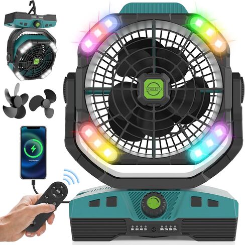 RUNTOP 20000mAh Camping Fan, Oscillating High Speed Rechargeable Battery Operated Fan w/RGB Light,Remote,Hanging Hook, Outdoor Portable Fans Battery Powered Personal USB Desk Fan for Tent, Travel in Kuwait