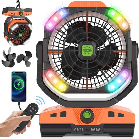 RUNTOP 20000mAh Camping Fan, Oscillating High Speed Rechargeable Battery Operated Fan w/RGB Light,Remote,Hanging Hook, Outdoor Portable Fans Battery Powered Personal USB Desk Fan for Tent, Travel in Kuwait