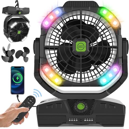 RUNTOP 20000mAh Camping Fan, Oscillating High Speed Rechargeable Battery Operated Fan w/RGB Light,Remote,Hanging Hook, Outdoor Portable Fans Battery Powered Personal USB Desk Fan for Tent, Travel in Kuwait