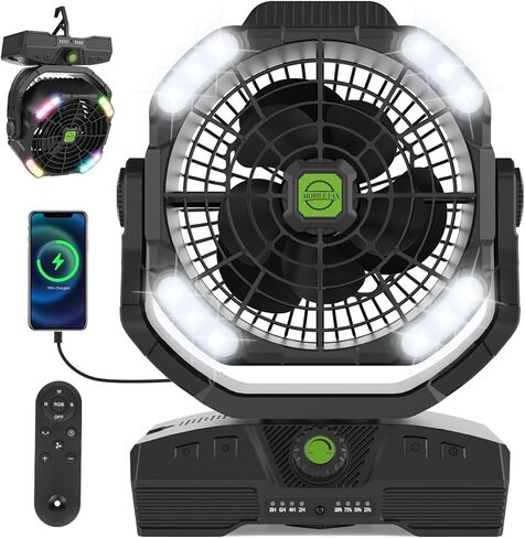 RUNTOP 20000mAh Camping Fan, Oscillating High Speed Rechargeable Battery Operated Fan w/RGB Light,Remote,Hanging Hook, Outdoor Portable Fans Battery Powered Personal USB Desk Fan for Tent, Travel in Kuwait
