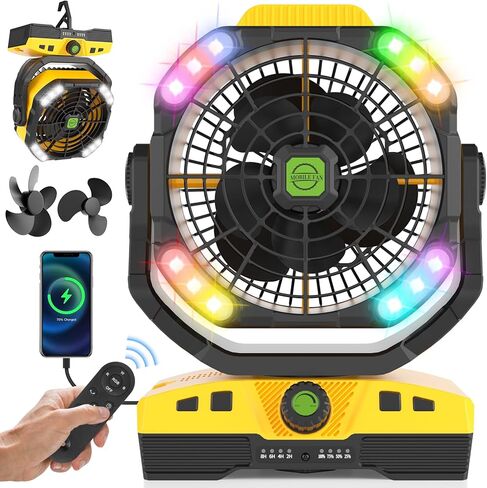 RUNTOP 20000mAh Camping Fan, Oscillating High Speed Rechargeable Battery Operated Fan w/RGB Light,Remote,Hanging Hook, Outdoor Portable Fans Battery Powered Personal USB Desk Fan for Tent, Travel in Kuwait