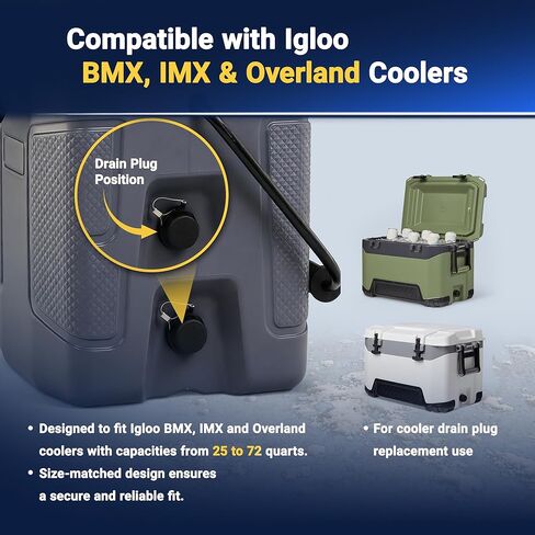 Drain Plug Replacement with Stainless Steel Tether Compatible with Igloo BMX, IMX & Overland 25–72 Qt Coolers, Black in Saudi Arabia