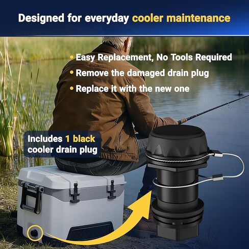 Drain Plug Replacement with Stainless Steel Tether Compatible with Igloo BMX, IMX & Overland 25–72 Qt Coolers, Black in Saudi Arabia