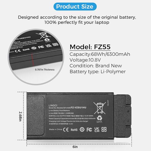 FZ-55 Battery, FZ-VZSU1HU Battery Replacement for Panasonic Toughbook 55 FZ-55 Mk1 FZ-VZSU1 10.8V 68Wh 6300mAh Li-Polymer (Not Suitable for CF-54) in Saudi Arabia