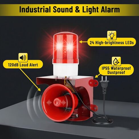 AC110V Industrial Siren Alarm Strobe Light, 120dB Loud Horn & Red Beacon, Waterproof Outdoor Security Alarm for Factory, Office, Warehouse, Emergency, Fires, Tornado, Intruder Alert (120dB) in Saudi Arabia