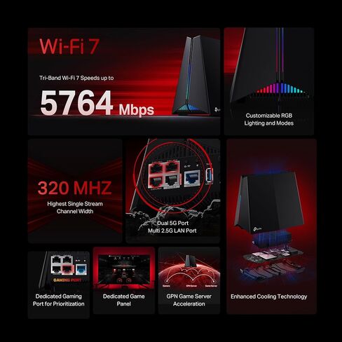TP-Link Tri-Band BE11000 Wi-Fi 7 Gaming Router Archer GE650 | 6-Stream 11 Gbps supports 320MHz | 2×5G + 3×2.5G Ports USB 3.0 | Game Acceleration, Dedicated Gaming Port & Panel, RGB Lighting|HomeShield in Saudi Arabia