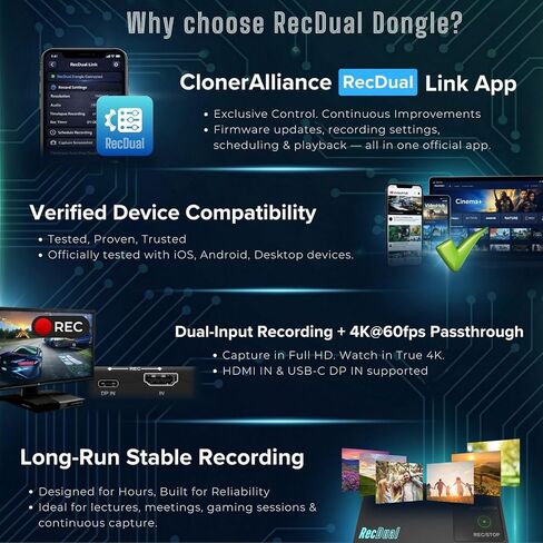 ClonerAlliance RecDual Dongle, Mini Standalone Dual-Input 1080p@60fps Video Recorder with 4K@60fps Passthrough, HDMI & USB Type-C DP Capture. Schedule & Loop Recording. in Saudi Arabia
