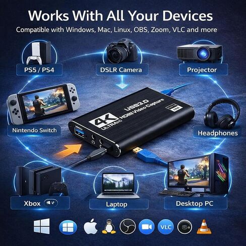 TOAKA USB 3.0 HDMI Capture Card 1080P 60FPS, Video Capture Card for Streaming Gaming, Compatible with PS5 PS4 Xbox Switch Camera PC in Saudi Arabia