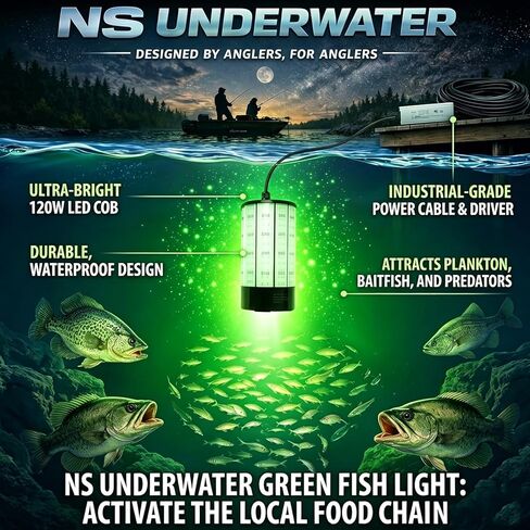 NS Green ضوء الصيد تحت الماء 120 وات 15,000 لومن، 110 فولت تيار متردد و12 فولت تيار مستمر طاقة مزدوجة، حوض ليلي غاطس LED وإضاءة القارب، مجموعة أسماك المياه المالحة الليلية المقاومة للماء للكرابي والبحيرة وقوارب الكاياك in Kuwait