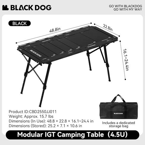 BLACKDOG Modular IGT Camping Table with Center-Folding Design, 4.5 Unit Aluminum Outdoor Kitchen Table, Adjustable Height 16"-24", Portable Folding Camp Table with Side Rails & 7 Expandable Plates in Saudi Arabia