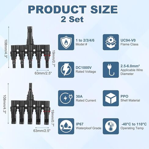 MECCANIXITY Two Pair of T-Shaped Branch Connector, 1 to 5 Male/Female Solar Panel Connectors for Parallel Connection Between Solar Panels Cables Wires, Black in Saudi Arabia