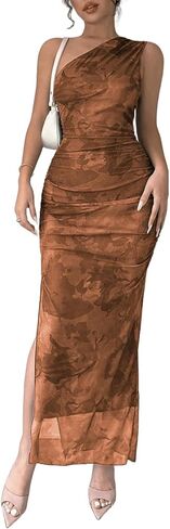 SKAYS Women's Floral One Shoulder Maxi Long Dress Bodycon Ruched Slit Summer Mesh Beach Wedding Guest Cocktail Dress in Saudi Arabia