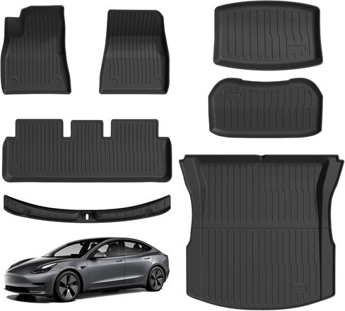 سجادات أرضية لصندوق السيارة لسيارة Tesla Model 3 Highland 2025 2024، بطانات أرضية من مادة TPE مناسبة لجميع الأحوال الجوية، سجادة شحن لمسند الظهر مع واقي عتبة باب صندوق السيارة للطراز 3 ملحقات Highland 9 قطع in Kuwait